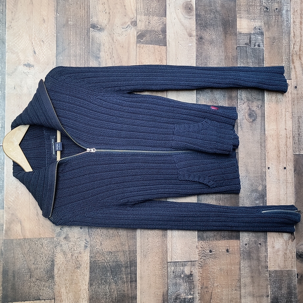 Abercrombie & Fitch Navy Blue Zip Up Cable Knit Cardigan Sz Large Wom
